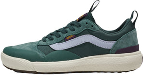 A green low-top sneaker with a light purple stripe.