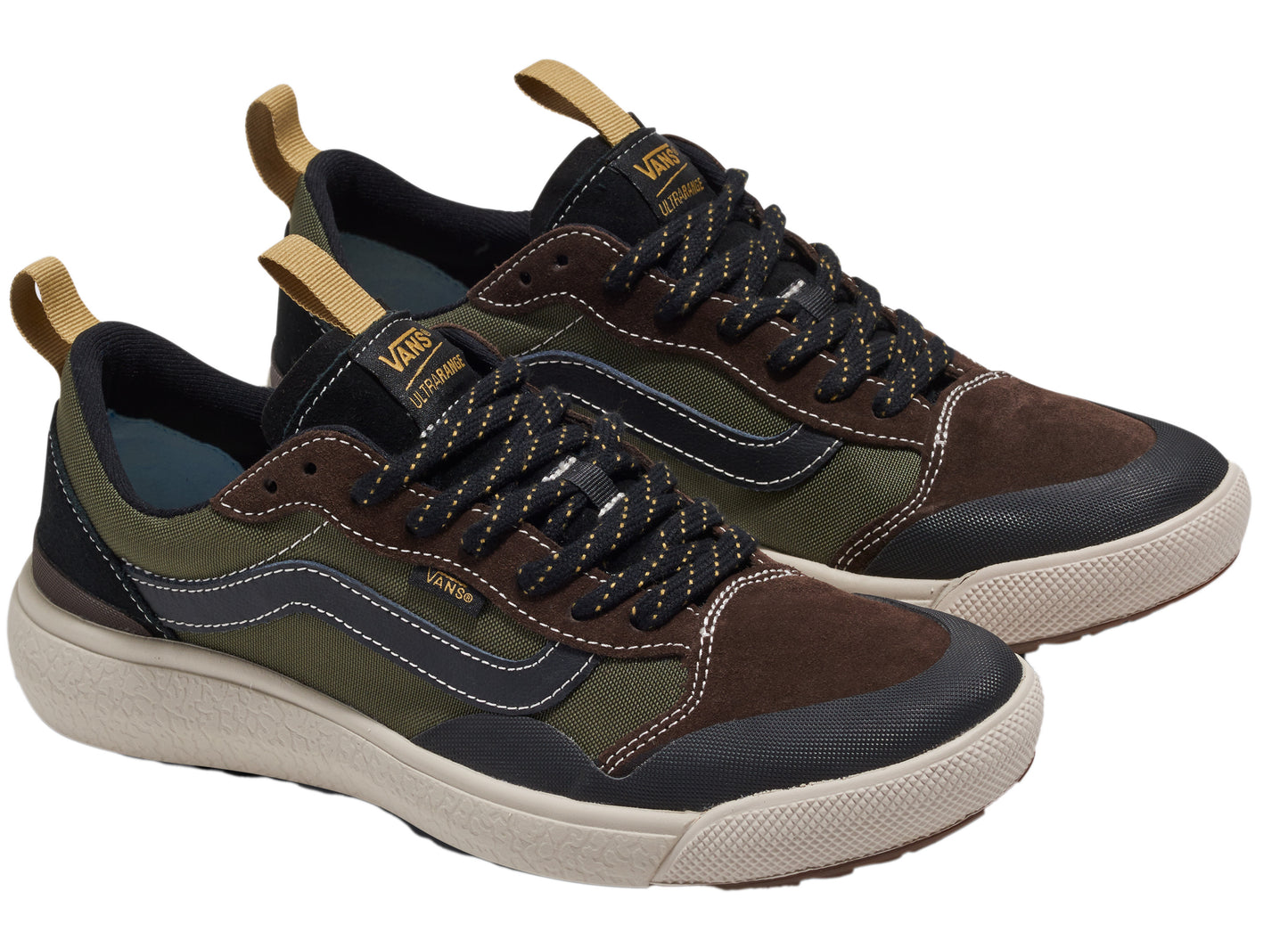 Pair of olive green and brown athletic shoes with black accents and a gum sole, featuring a white side stripe and pull tabs.