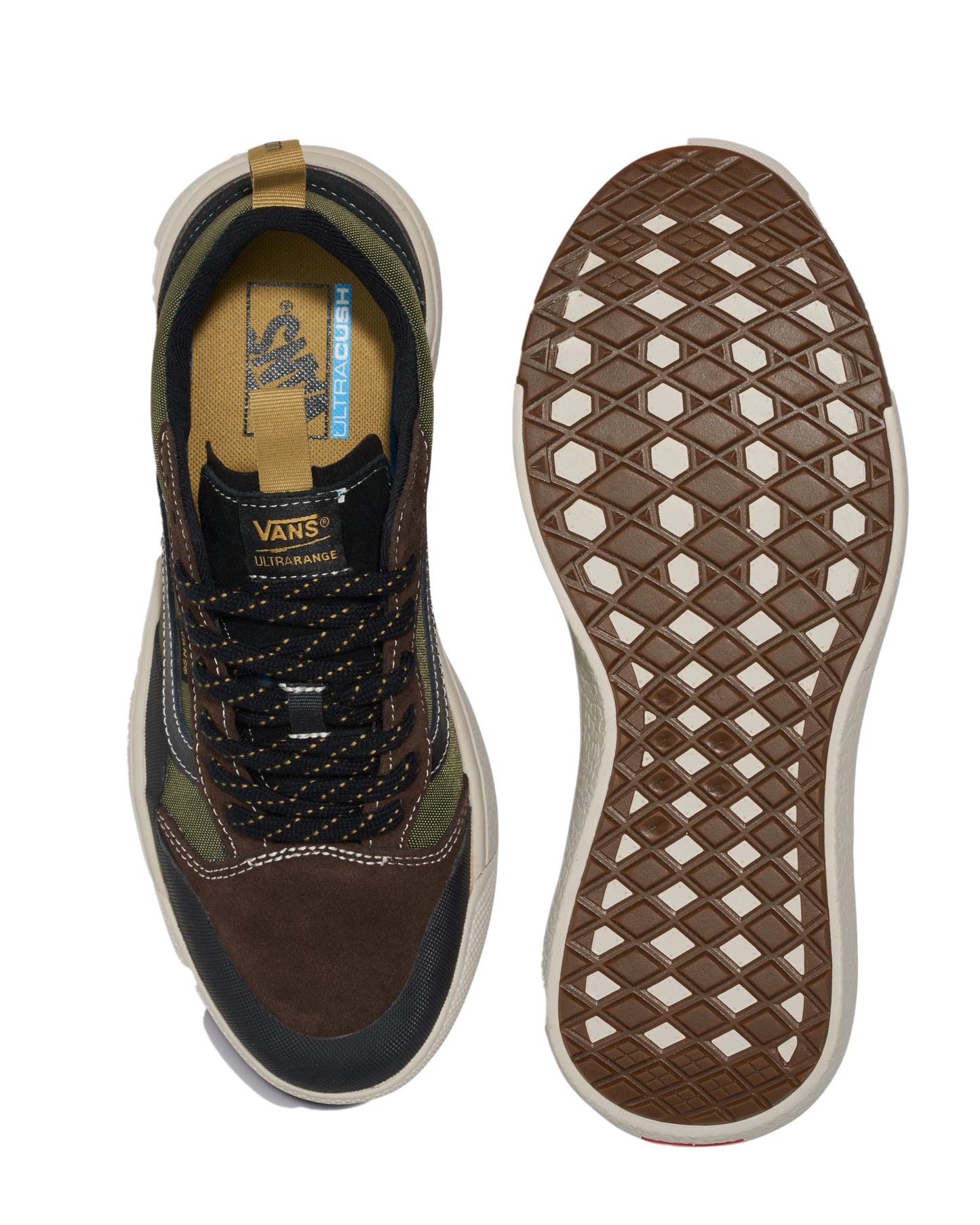 Two casual shoes, one is upright showing the top and the other is showing the sole.