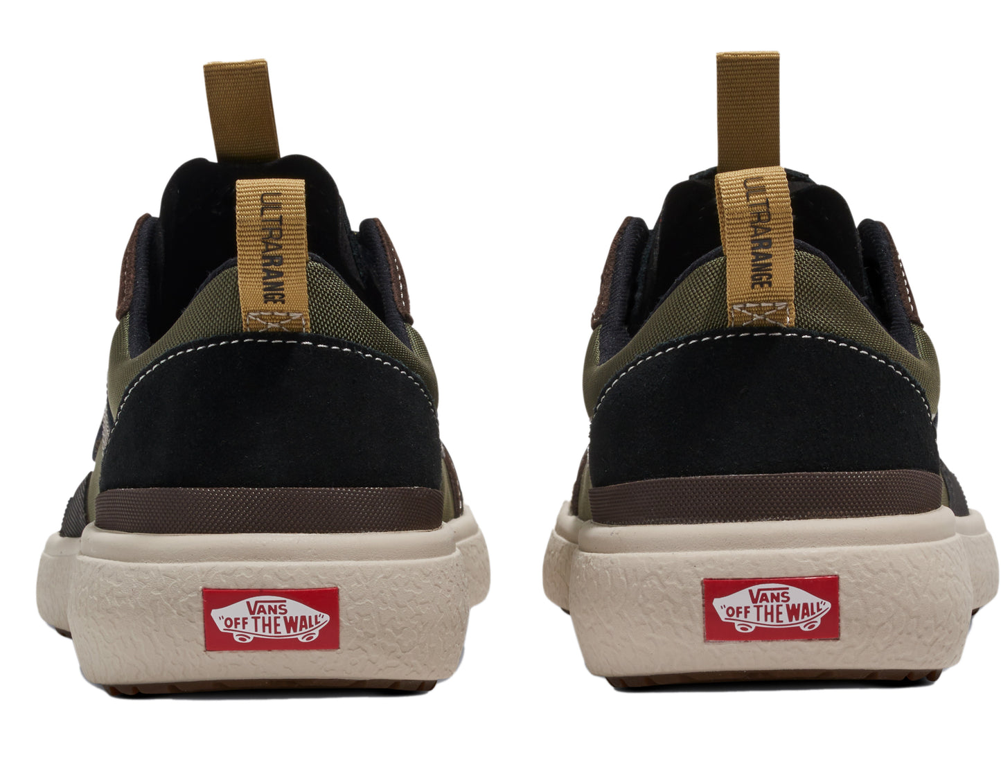 Two shoes face the viewer, showing the heels.  The uppers are black, green, brown, and tan with a logo at the heel that reads "VANS OFF THE WALL".