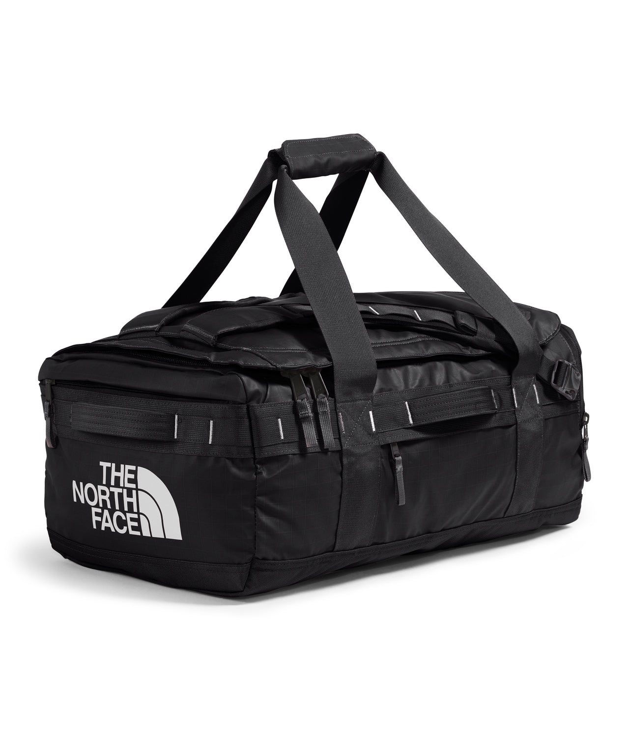 Black duffel bag with top carrying handles and adjustable shoulder straps, and logo 'THE NORTH FACE' on the side.