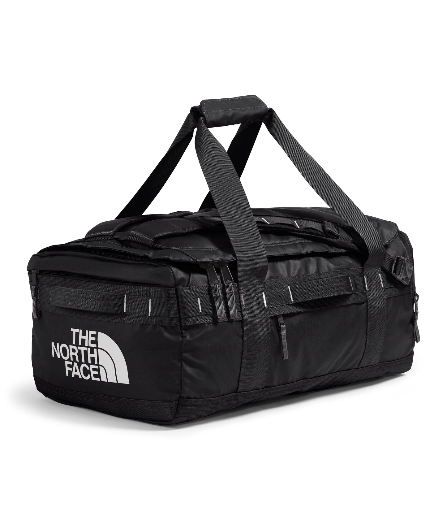 Black duffel bag with top carrying handles and adjustable shoulder straps, and logo 'THE NORTH FACE' on the side.