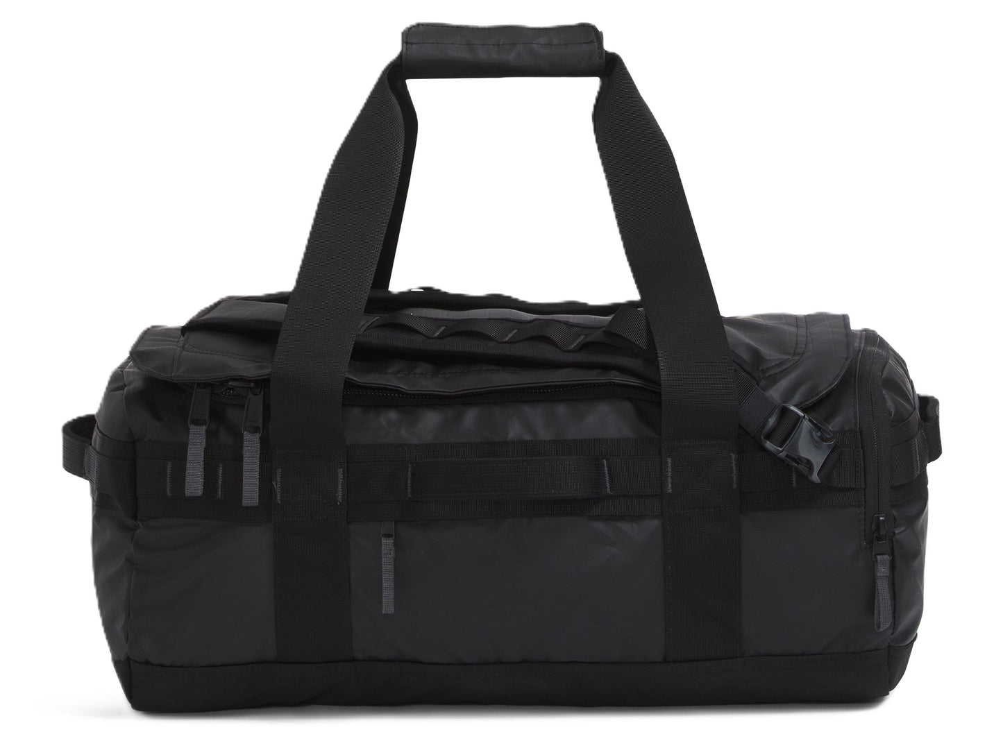 Black duffel bag with handles and straps.