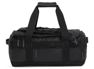 Black duffel bag with handles and straps.