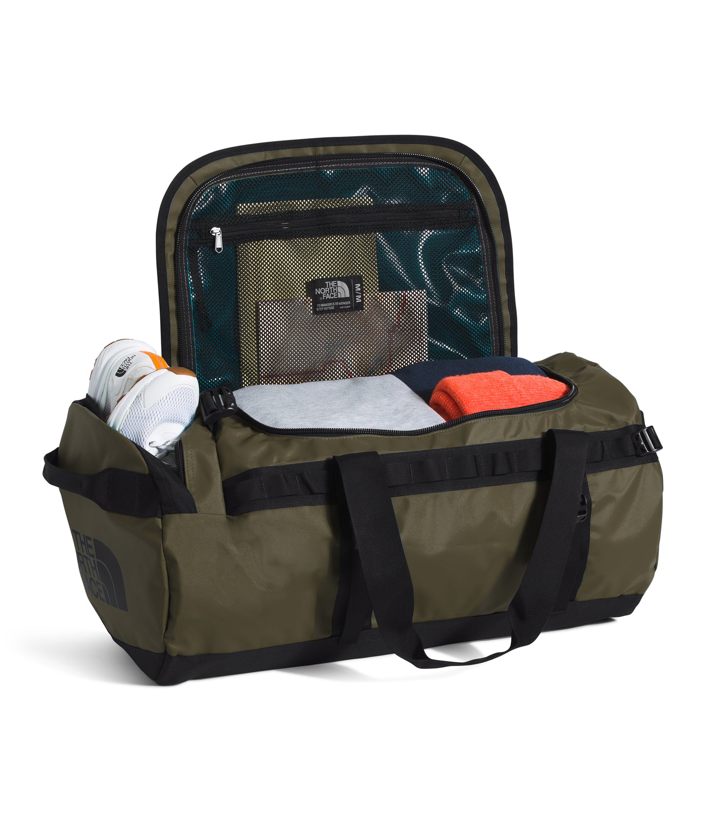 Open olive green duffel bag with clothes inside and black straps.