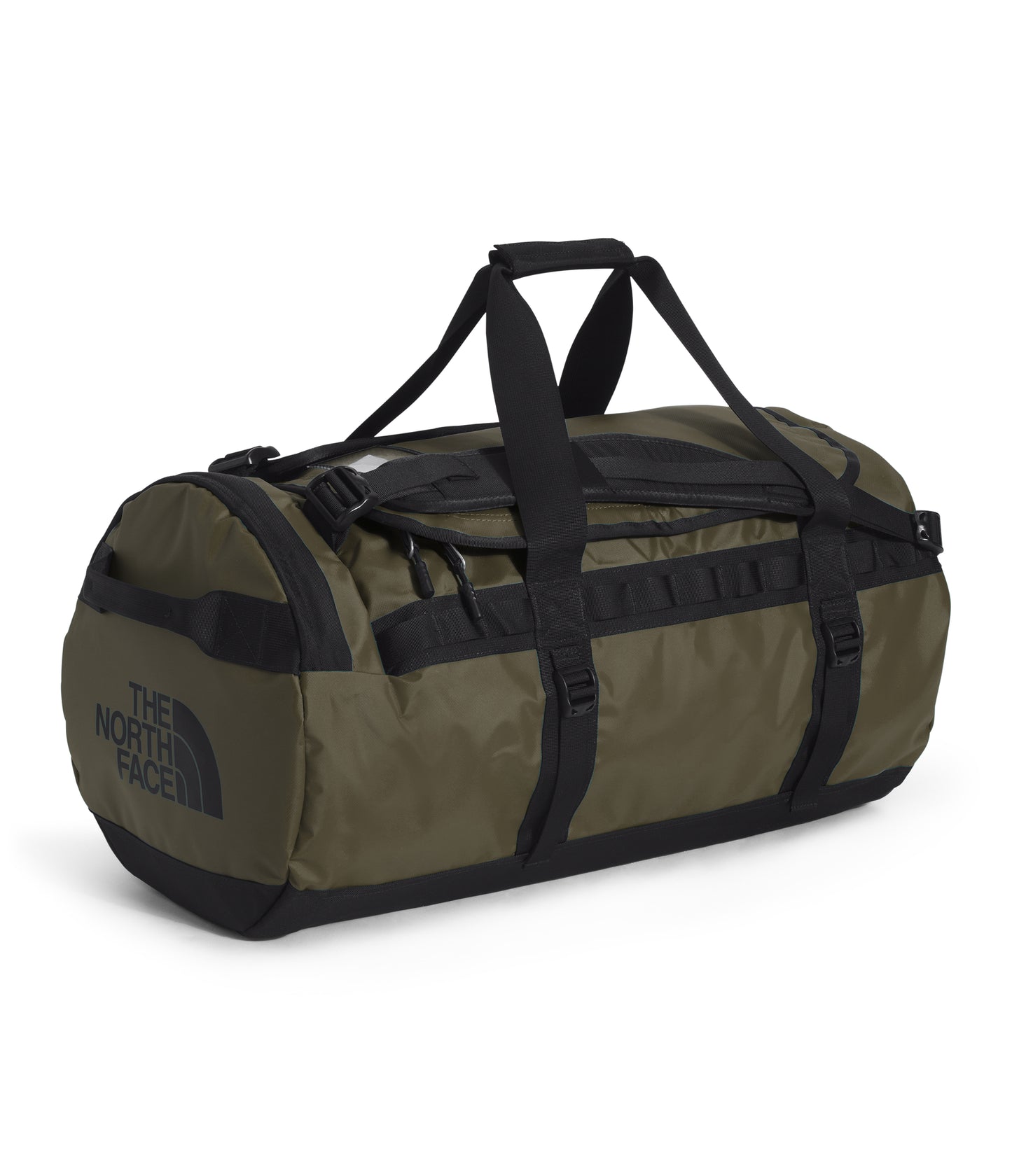 Olive duffel bag with black straps and "The North Face" printed on the side.
