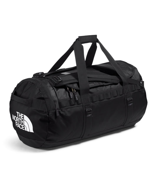 Black duffel bag with side handle and white text that reads, THE NORTH FACE