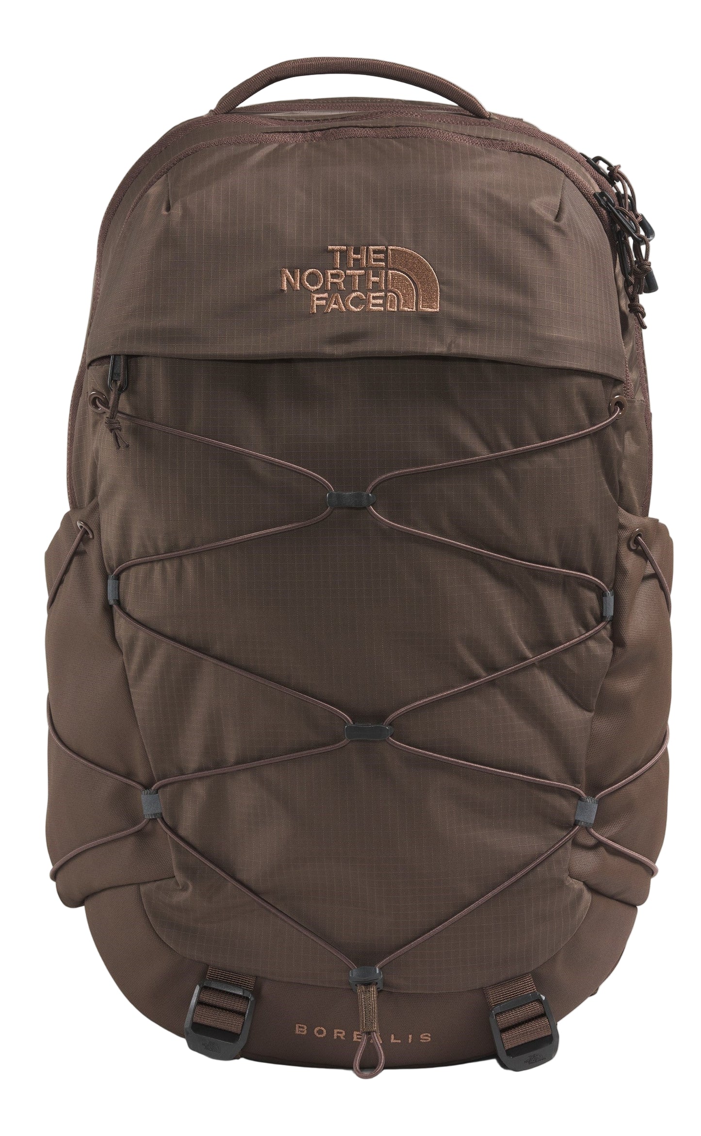 A brown backpack with a crisscross elastic cord system, visible text saying THE NORTH FACE and BOREALIS.