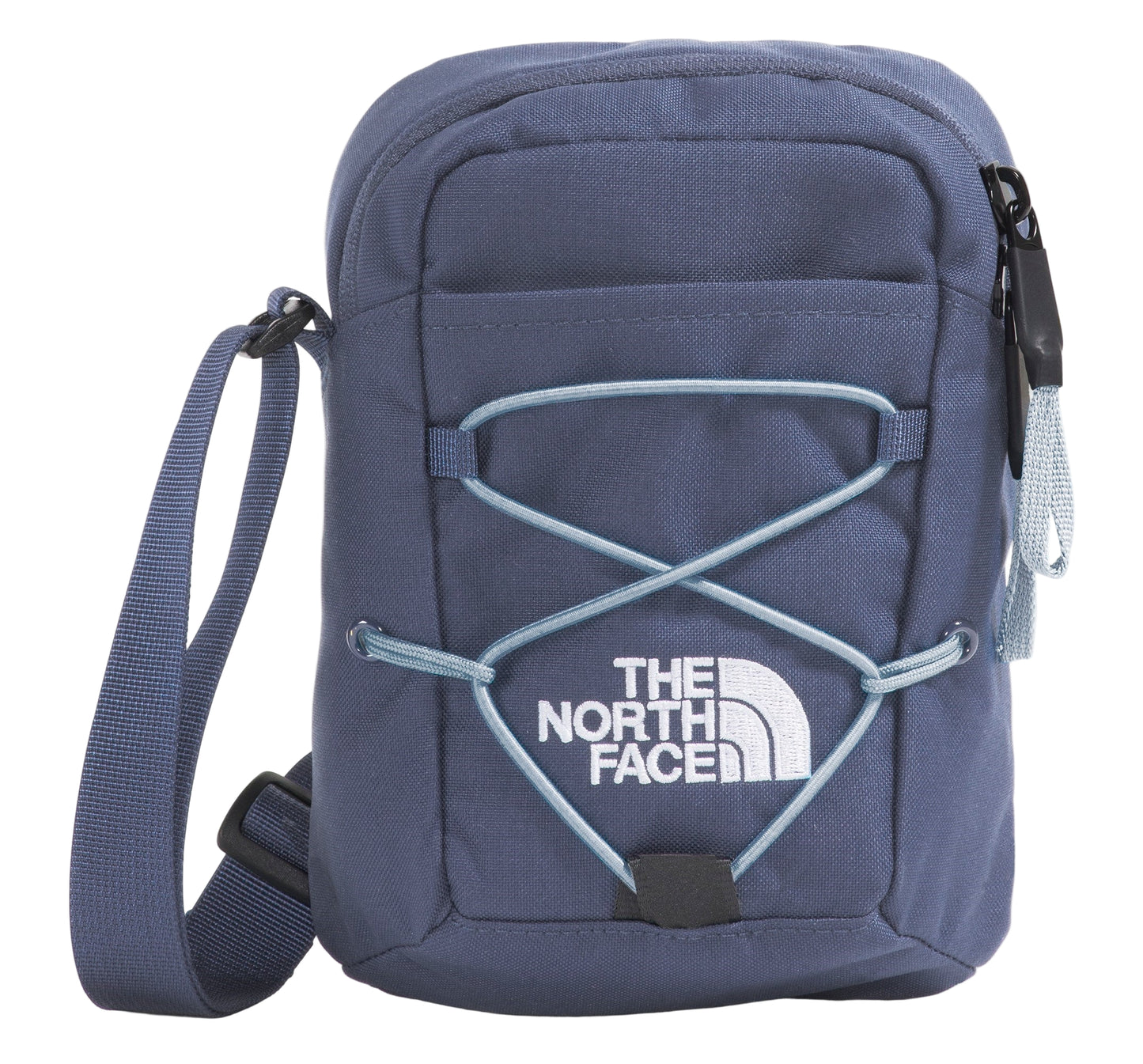 Blue cross-body bag with light blue bungee cord design, adjustable shoulder strap, and white logo.