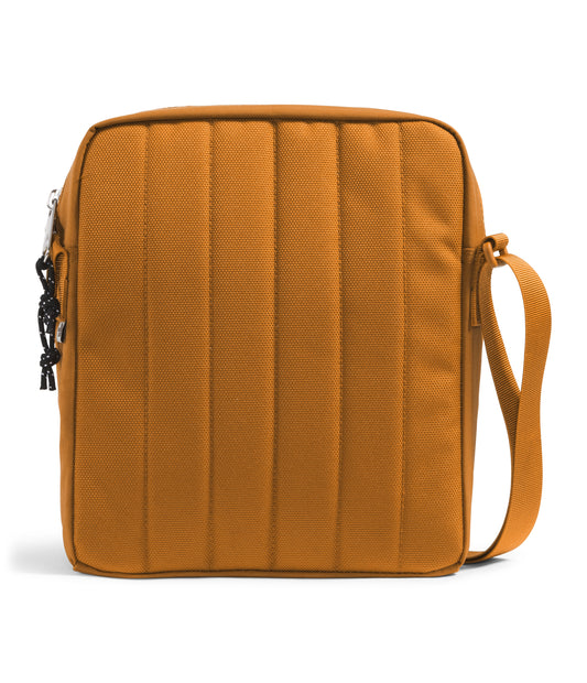 Mustard-colored messenger bag with vertical stitched lines and a shoulder strap.