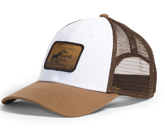 White and brown baseball cap with a moose logo on the front.
