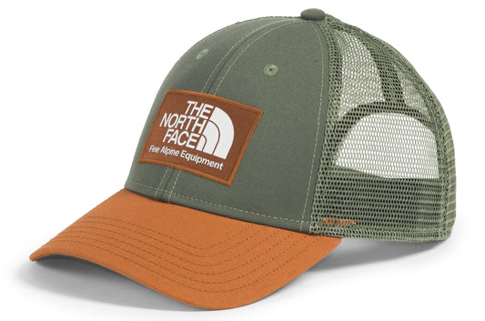 Olive and orange hat with mesh backing and a square logo that reads "The North Face Fine Alpine Equipment"