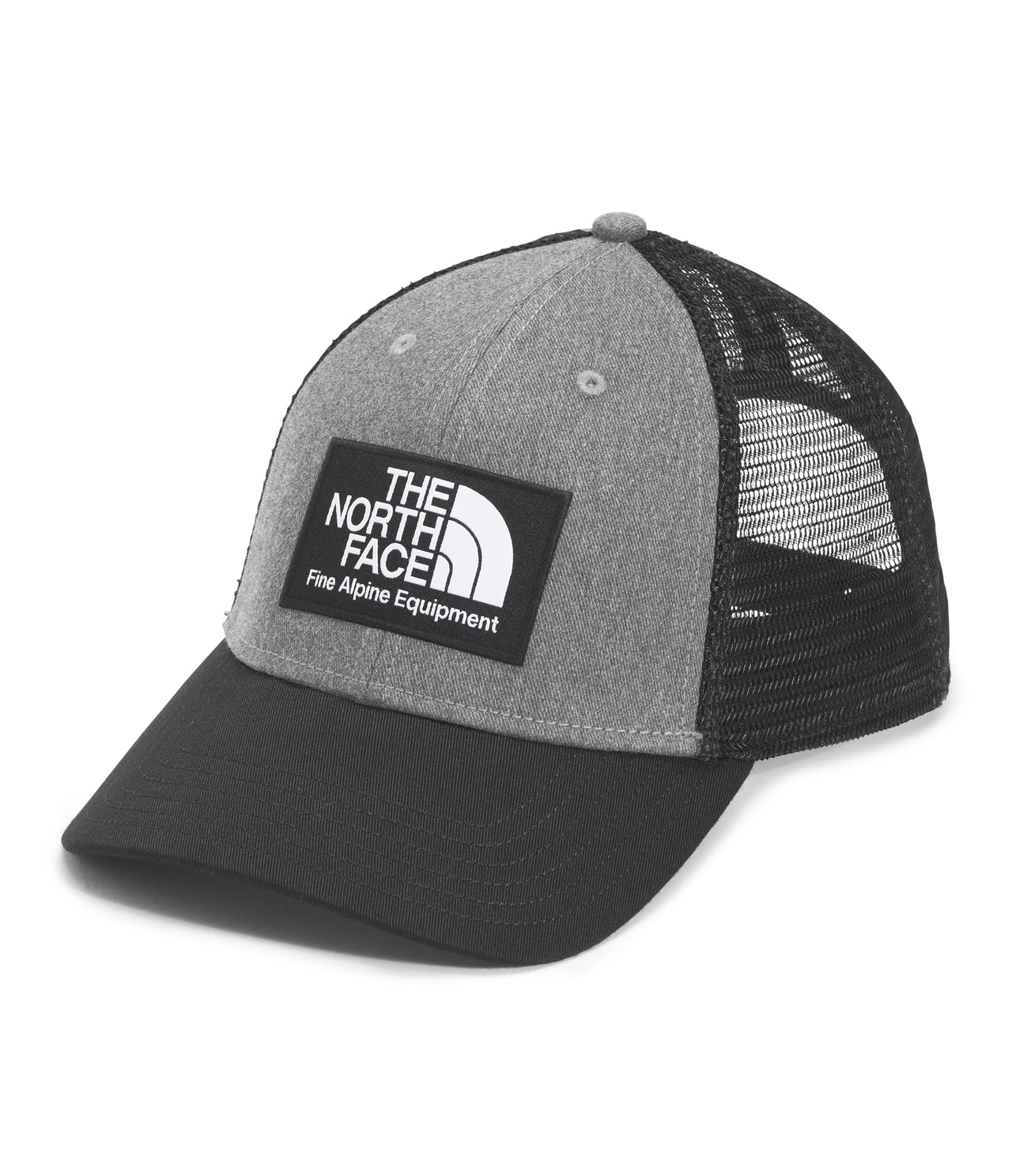 Gray and black baseball cap with mesh back and logo patch