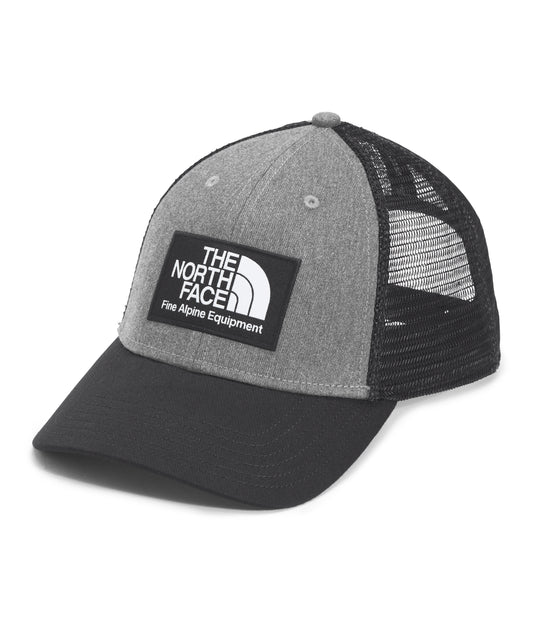 Gray and black baseball cap with mesh back and logo patch
