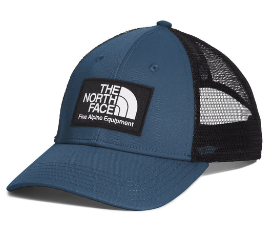 Blue cap with black mesh back, featuring a square patch with the words "THE NORTH FACE Fine Alpine Equipment".