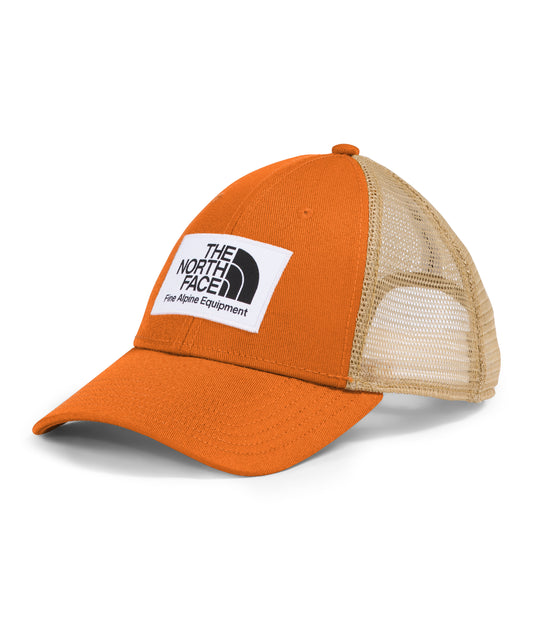 Orange baseball cap with mesh back and logo patch.