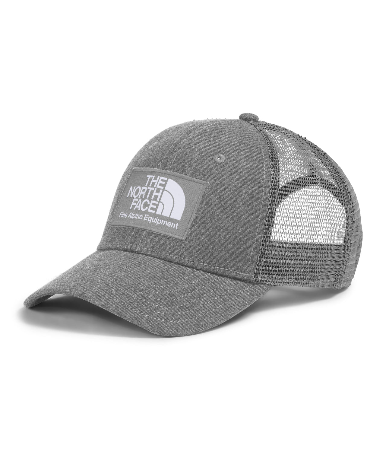 Gray trucker hat with mesh back and a logo patch.