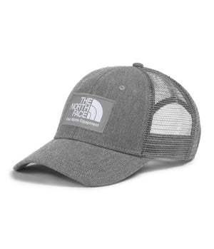 Gray trucker hat with mesh back and a logo patch.