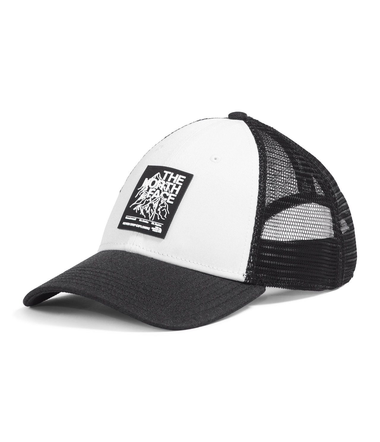 A trucker hat with a black bill and a white crown. A black patch with a white logo and graphic is on the crown.