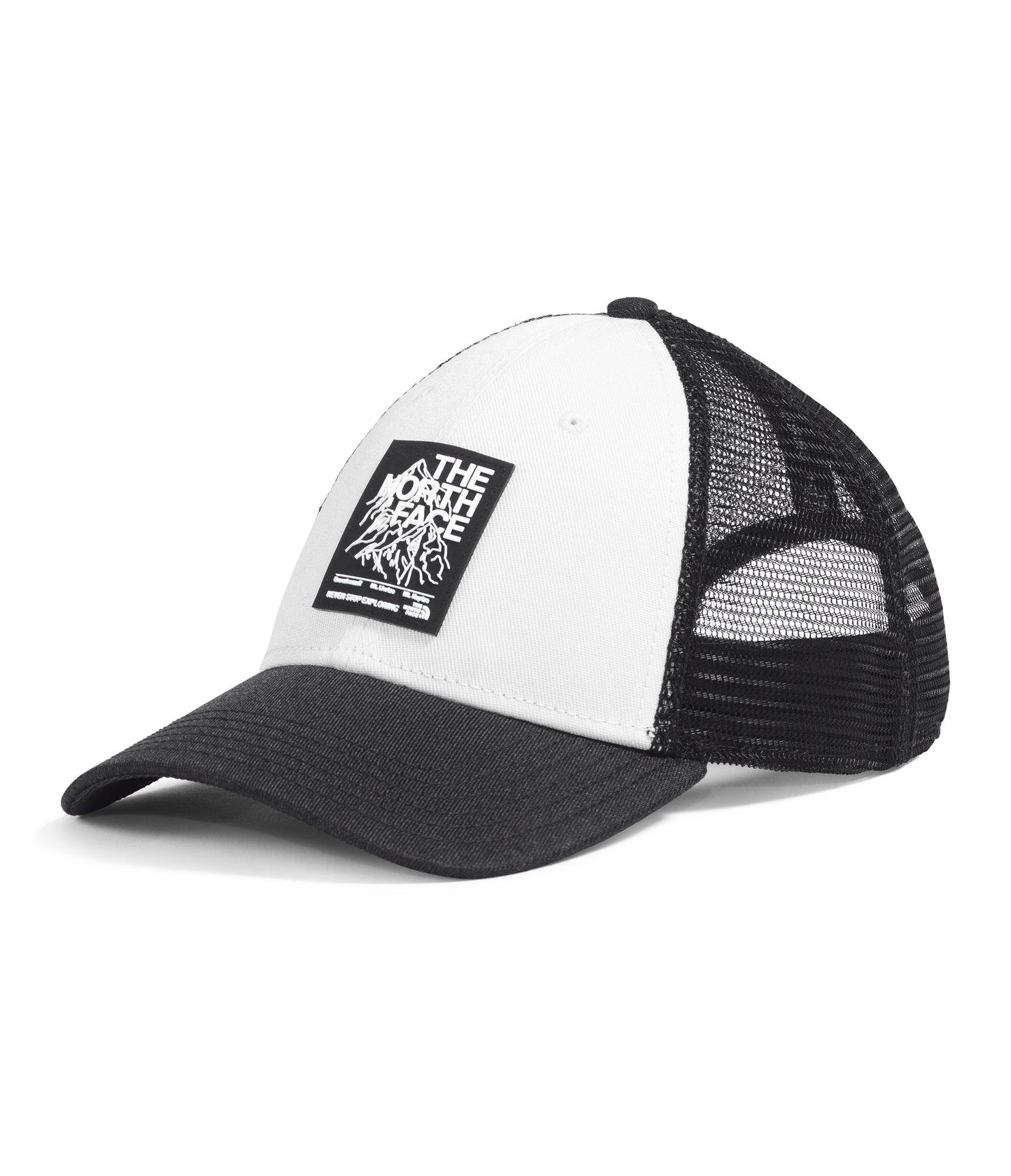 A trucker hat with a black bill and a white crown. A black patch with a white logo and graphic is on the crown.