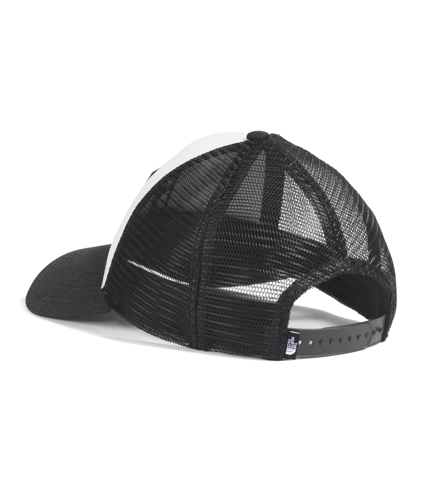 The rear view of a black and white baseball cap with a black mesh back and an adjustable strap.