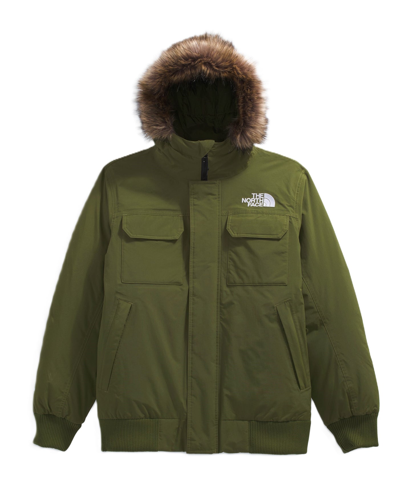 Olive green hooded jacket with faux fur trim and visible white logo.