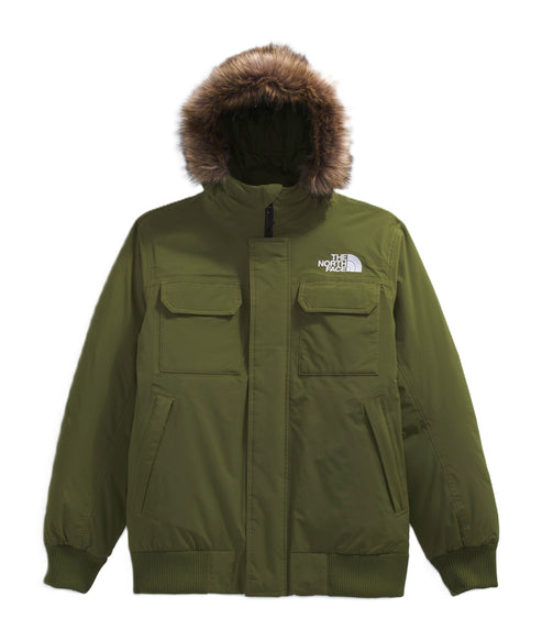 Olive green hooded jacket with faux fur trim and visible white logo.