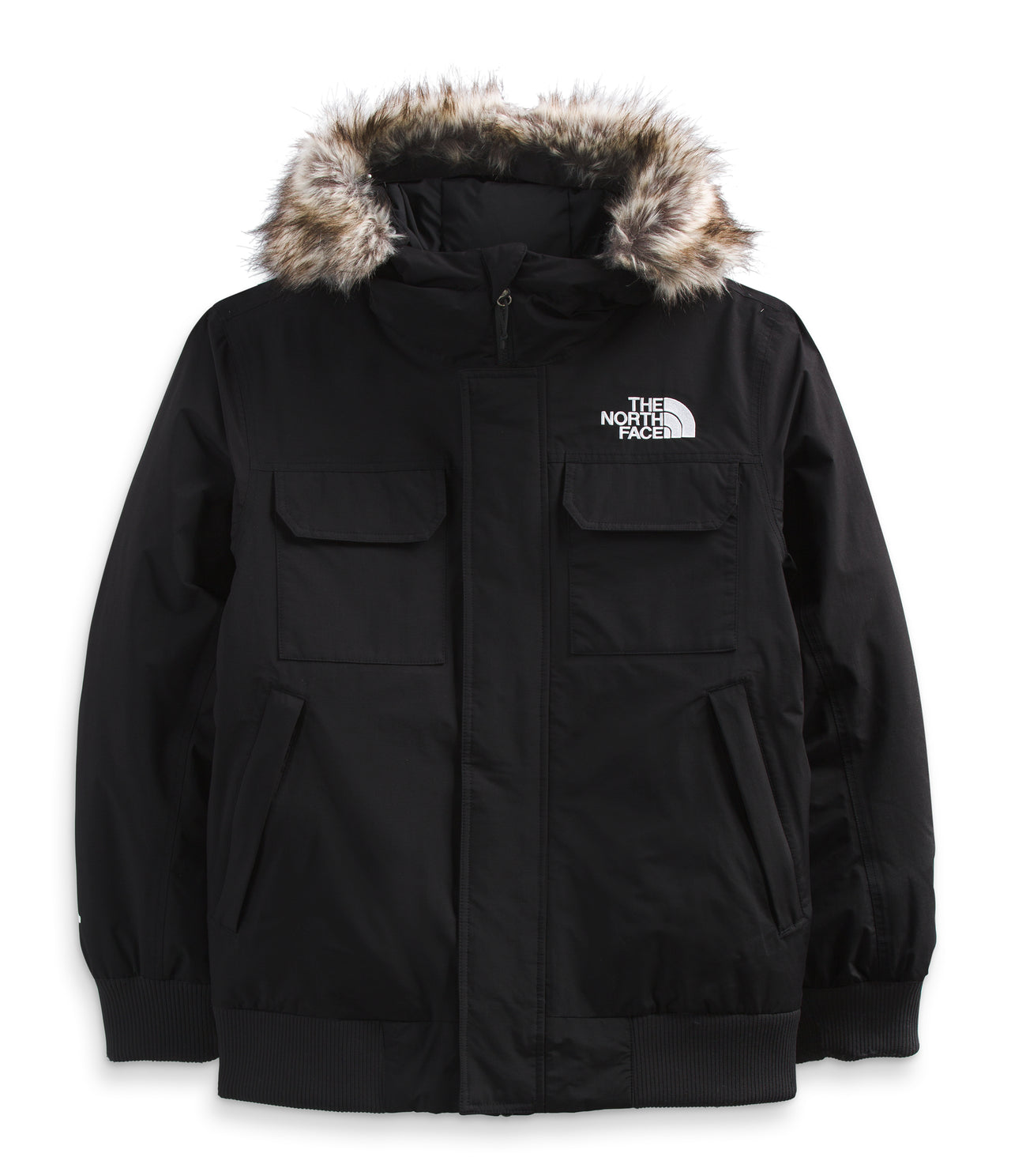 Black hooded jacket with a faux fur trim, front flap pockets, and white logo.
