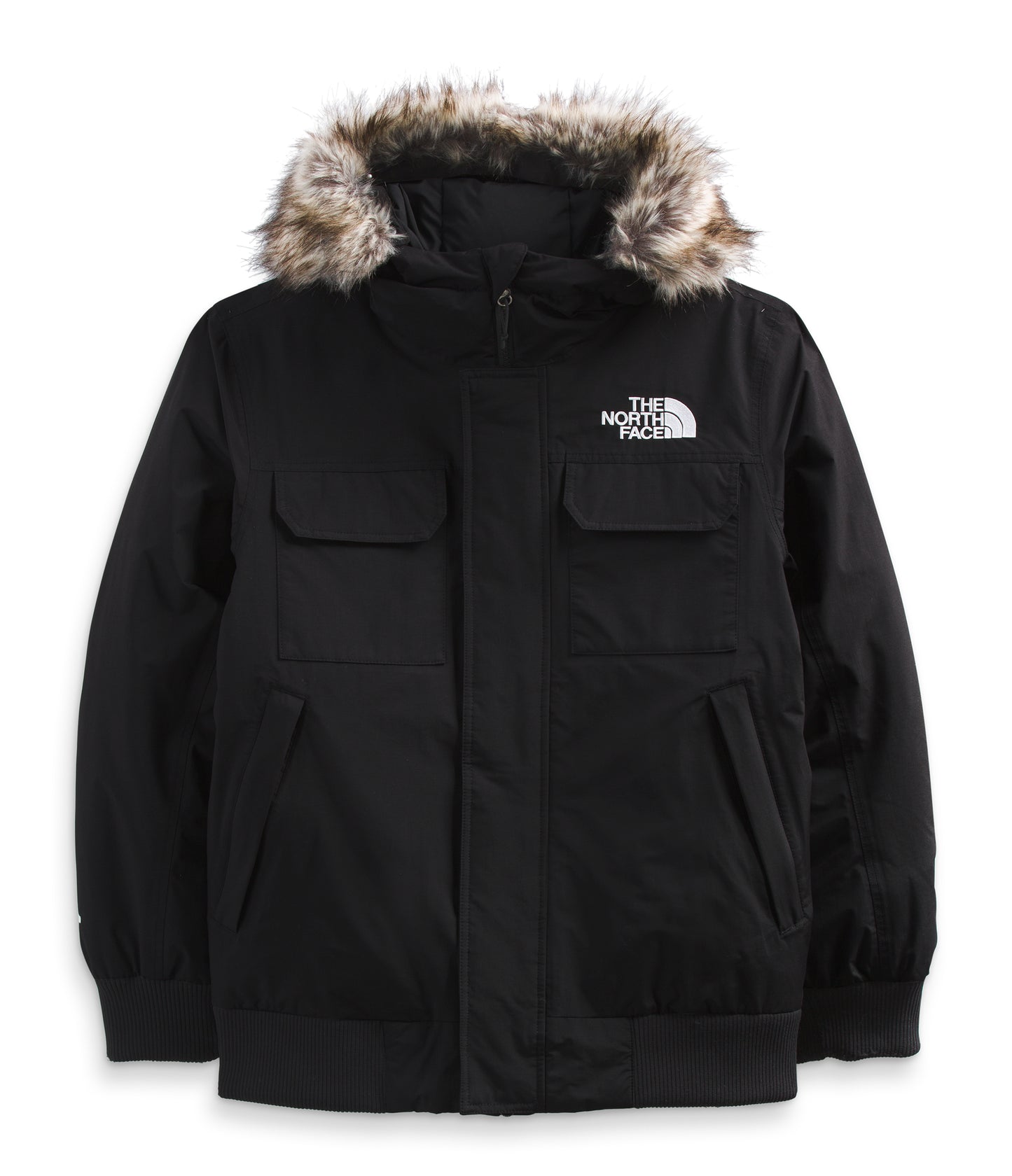 Black hooded jacket with a faux fur trim, front flap pockets, and white logo.