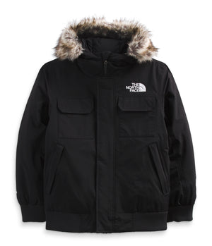 Black hooded jacket with a faux fur trim, front flap pockets, and white logo.
