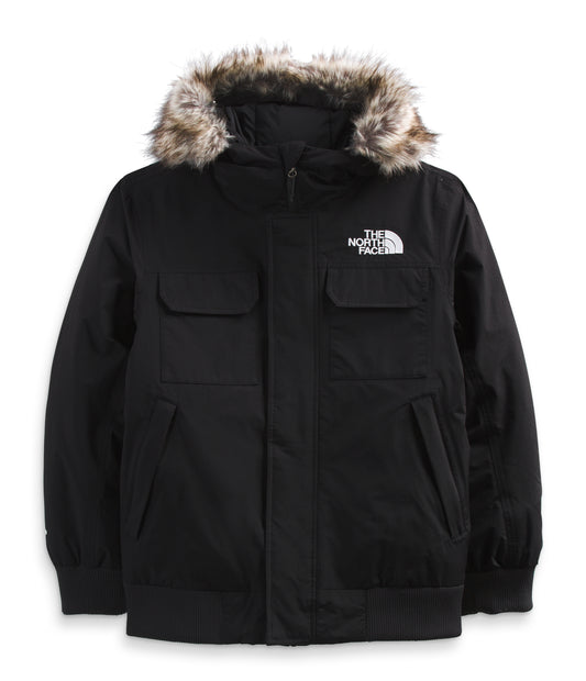 Black hooded jacket with a faux fur trim, front flap pockets, and white logo.