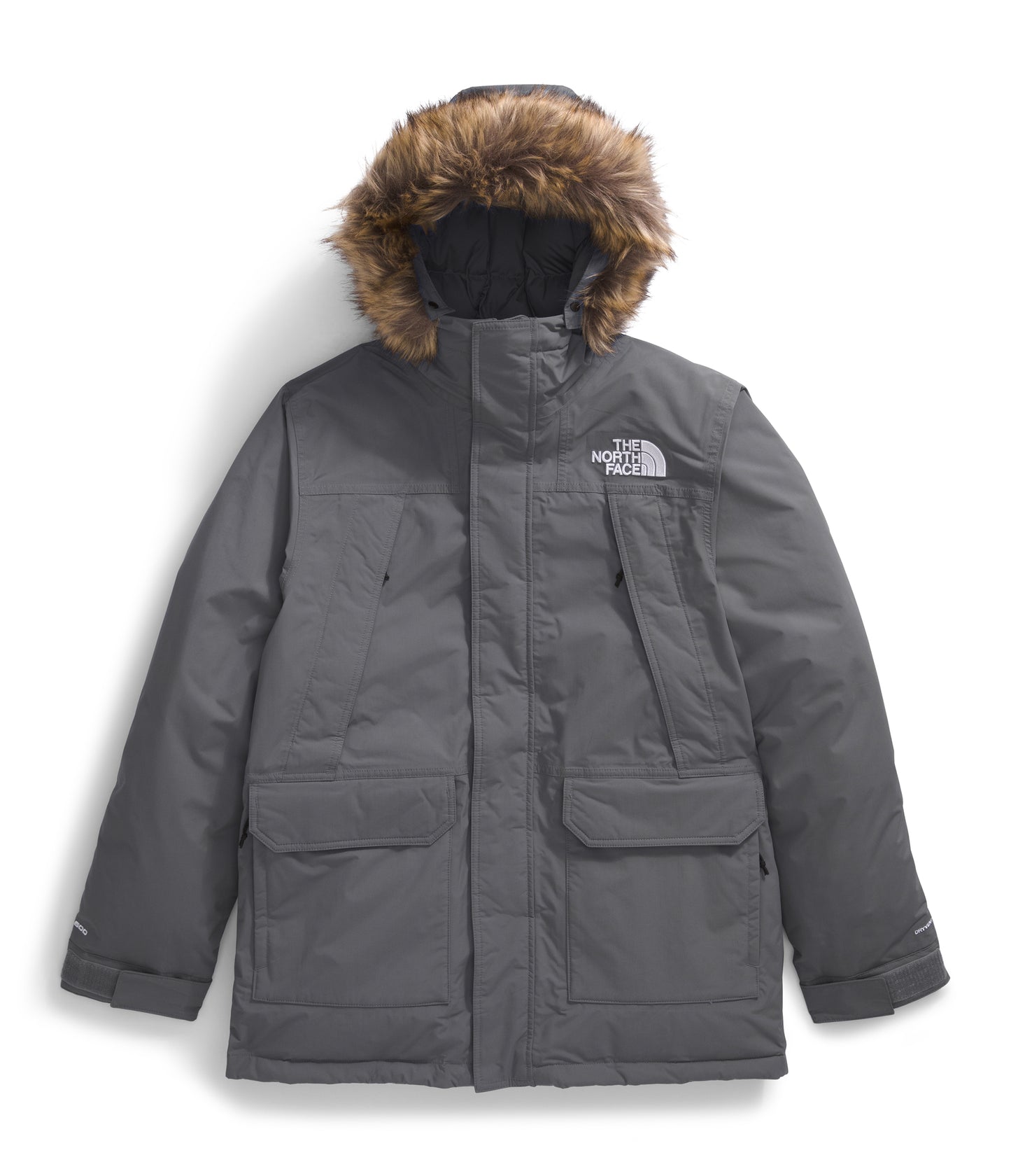 Gray hooded parka with fur trim.