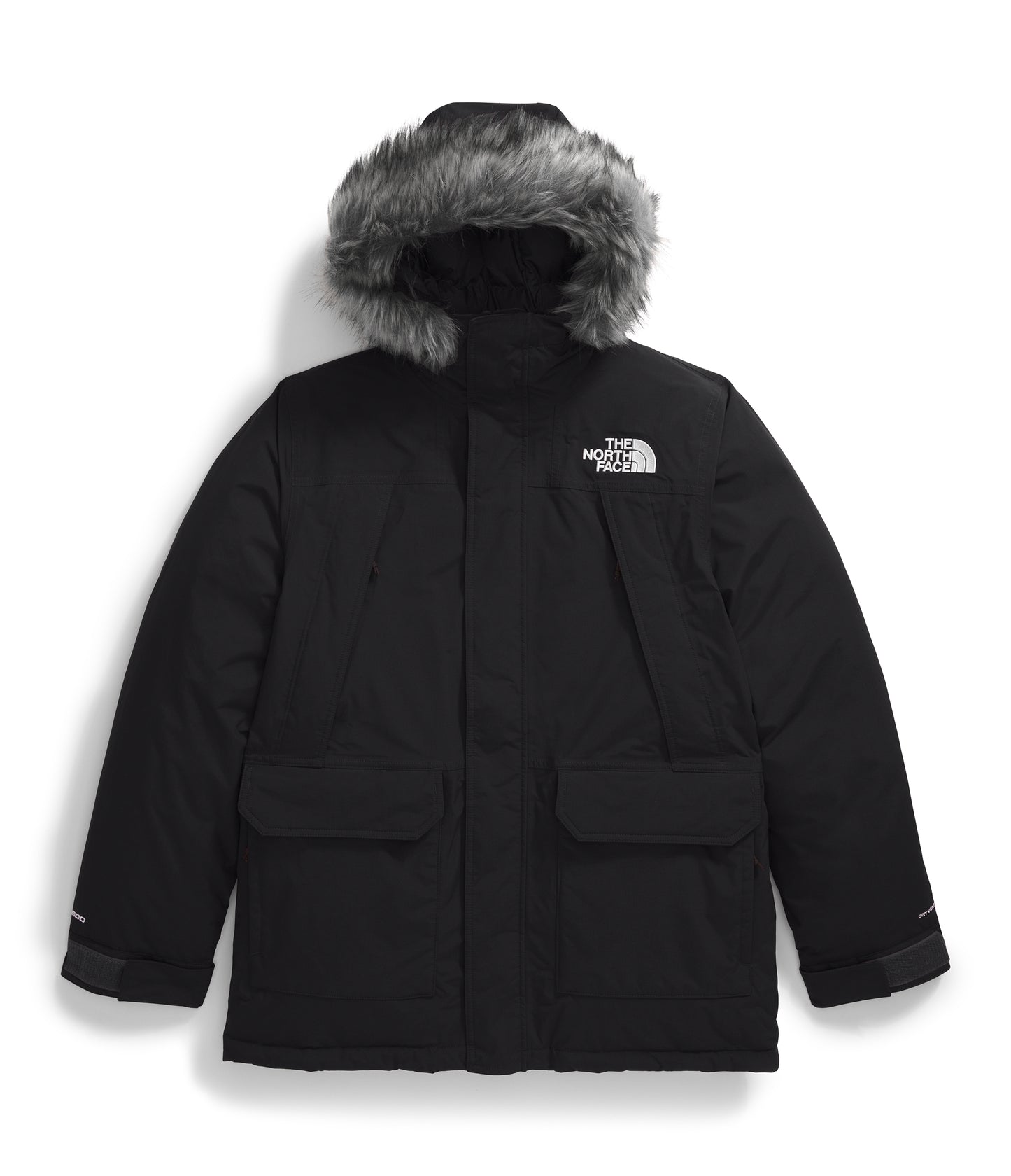 Black winter coat with a faux fur-trimmed hood and visible brand logo.