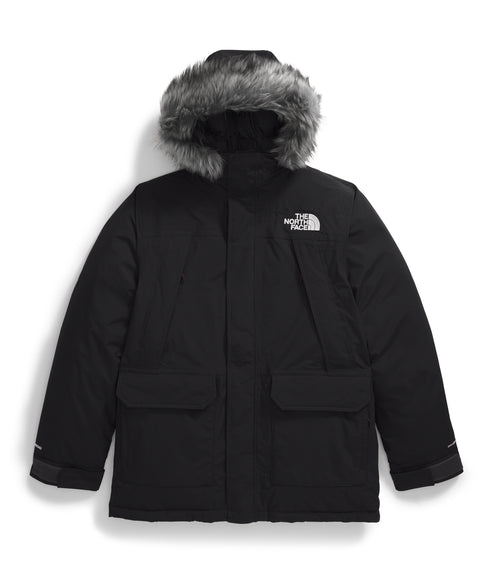 Black winter coat with a faux fur-trimmed hood and visible brand logo.