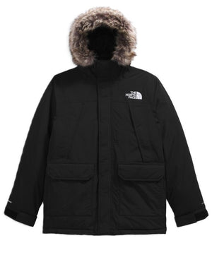 Black hooded jacket with fur-lined hood and pockets.