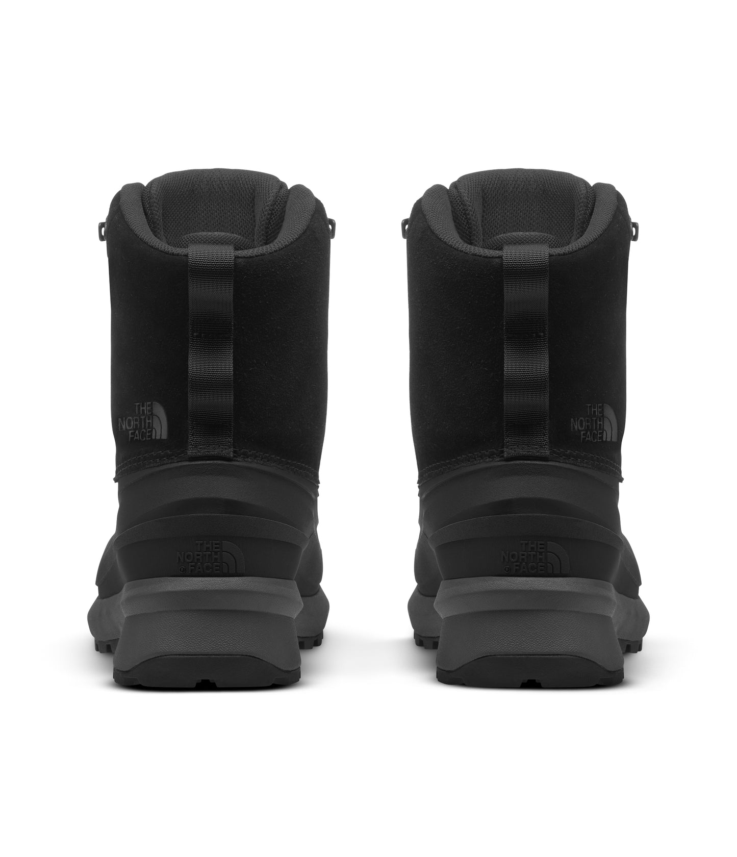 Two black high-top shoes, rear view, with gray soles and gray trim.