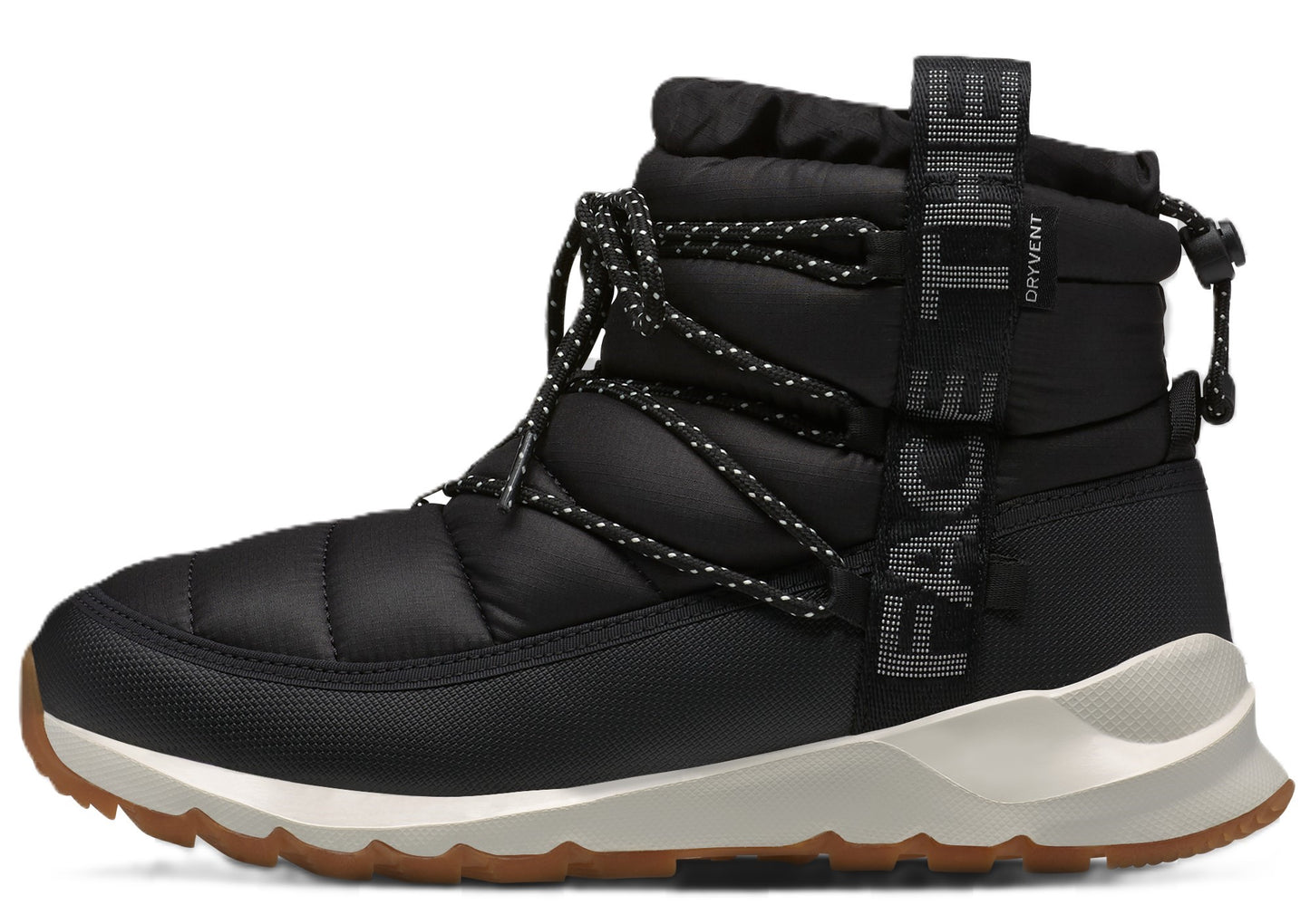 Black insulated puffy boot with laces and cream-colored sole, displaying the text "THE FACE" vertically.