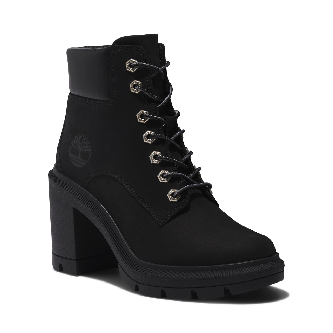A black lace-up boot with a chunky heel.