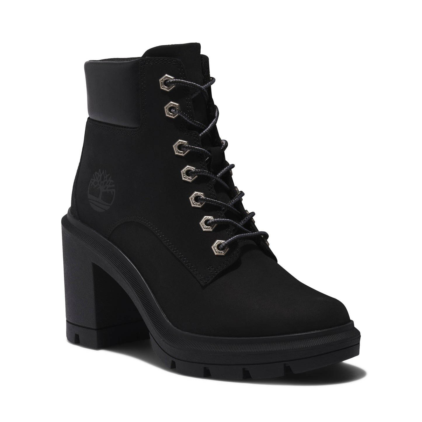 A black lace-up boot with a chunky heel.