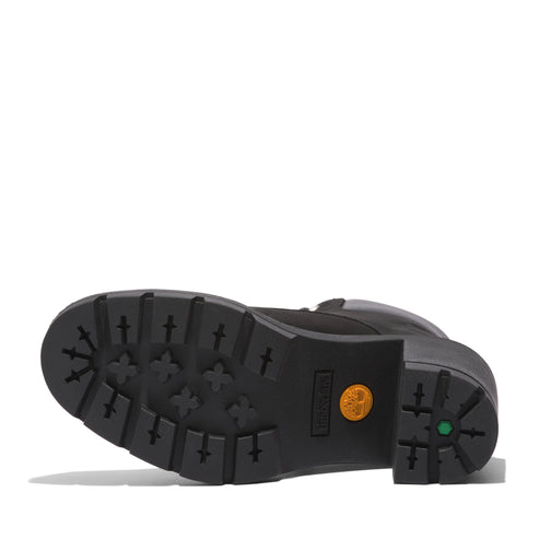Bottom of a black boot with a thick, lugged sole and a round heel.