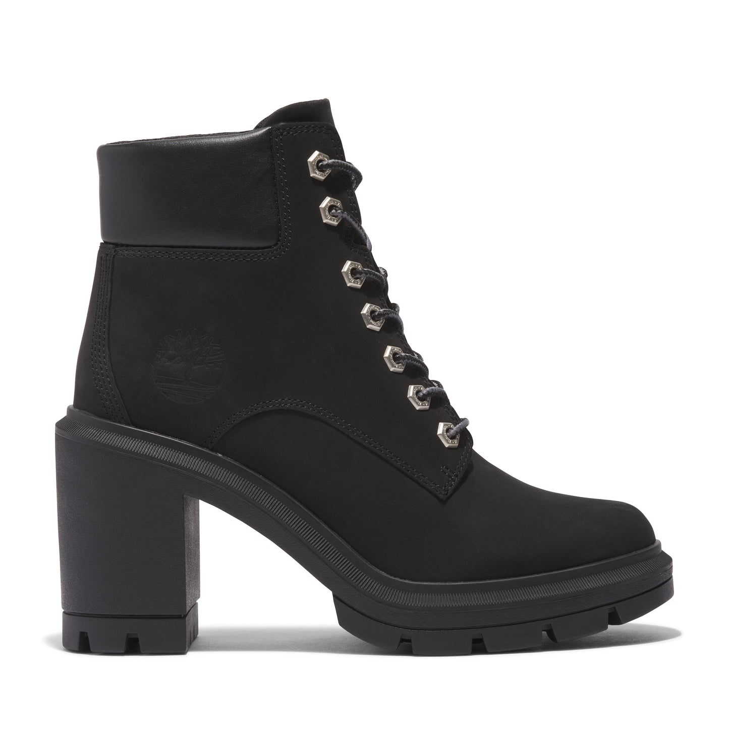 Black ankle boot with high block heel, laces, and a lug sole.