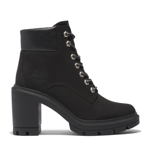 Black ankle boot with high block heel, laces, and a lug sole.