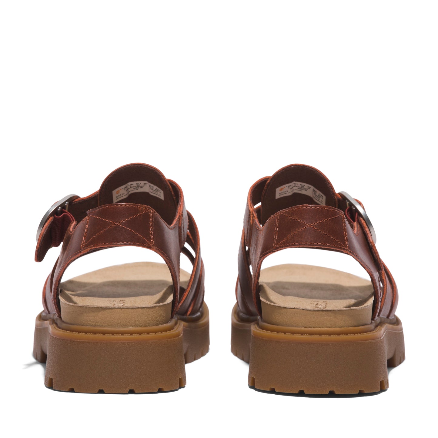 Pair of brown leather sandals with buckle straps and thick lug soles viewed from the rear.
