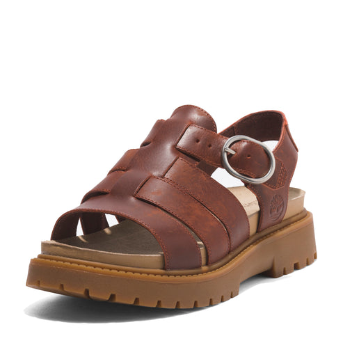 Brown leather caged sandal with buckle strap and lug sole.