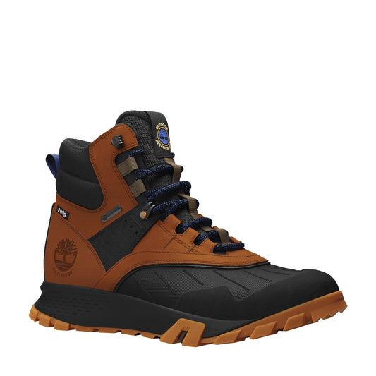 Brown and black ankle boot with blue laces and a logo.