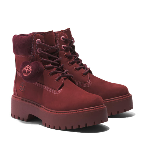 Maroon nubuck lugged platform boots with matching laces.