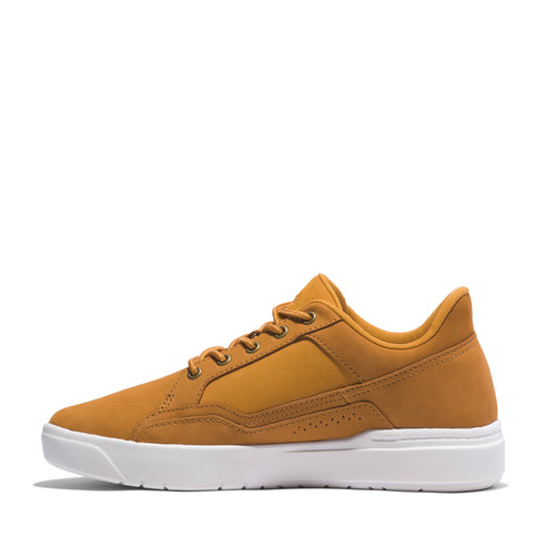 Side view of an amber-colored casual shoe with a white sole and a lace-up closure.