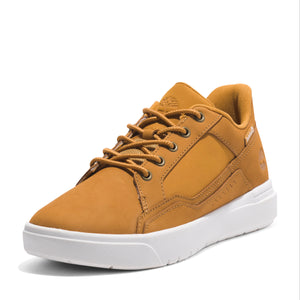 Tan leather sneaker with white sole.