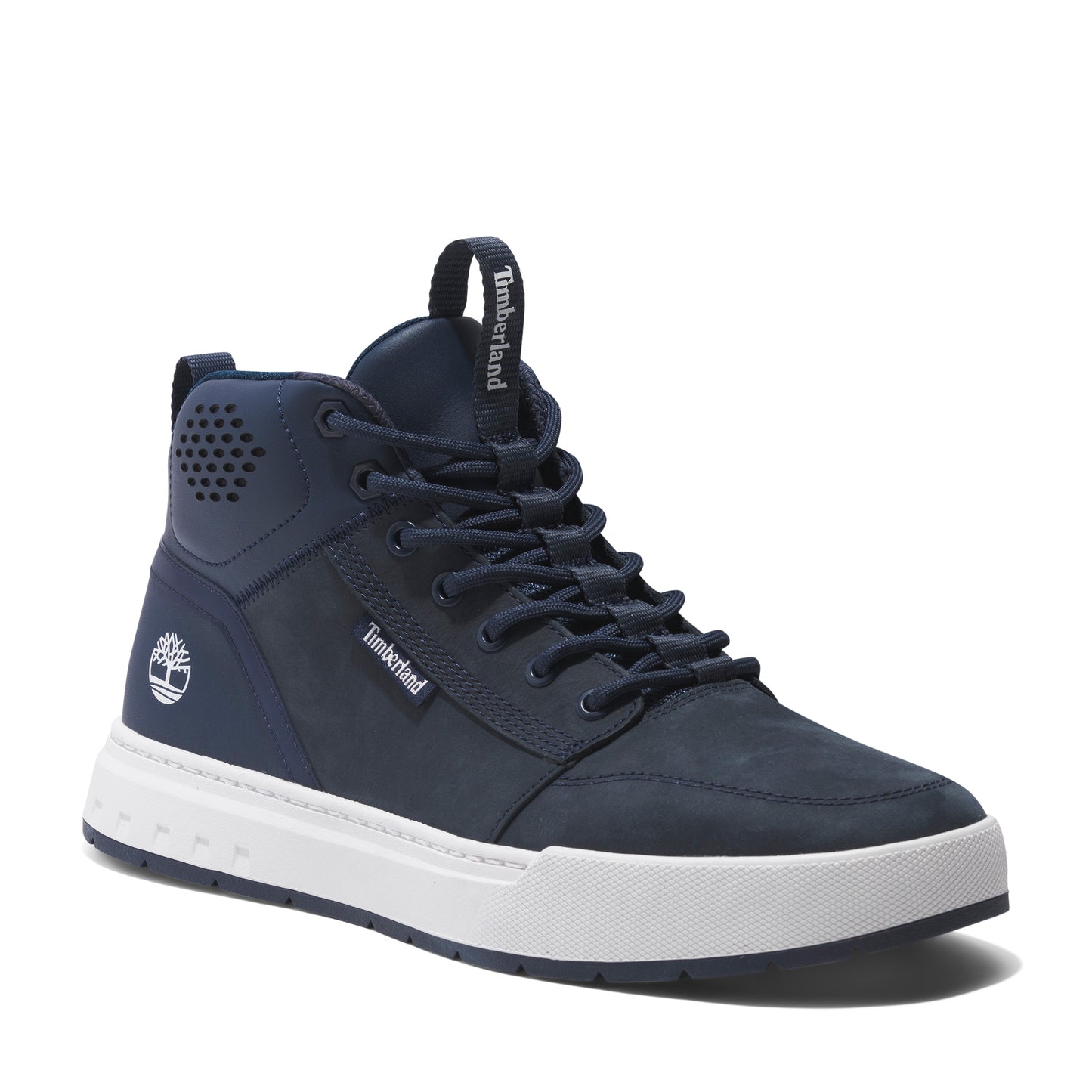 A navy blue high-top sneaker with white sole and pull tab with 'Timberland' on it.