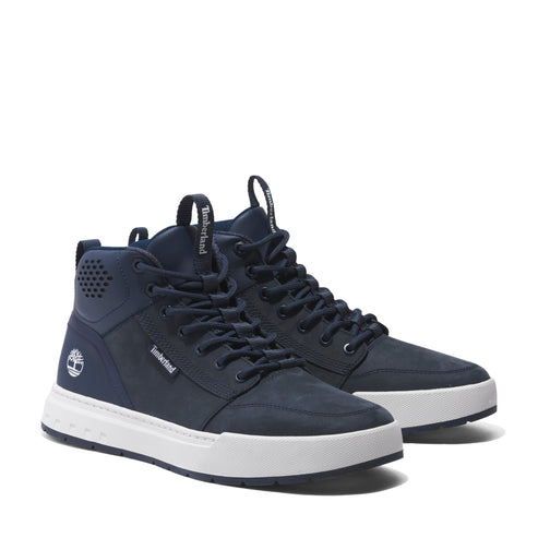 Navy high-top sneakers with white soles and 'Timberland' brand on the side.